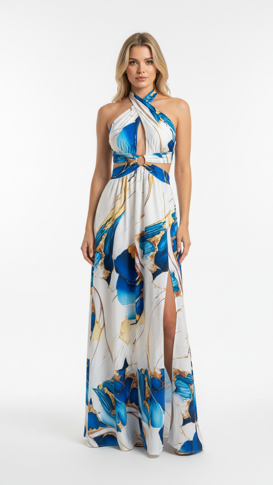 Azure™ - Vestido Largo Femenino Felina con Copas y Escote