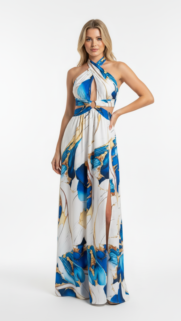 Azure™ - Vestido Largo Femenino Felina con Copas y Escote