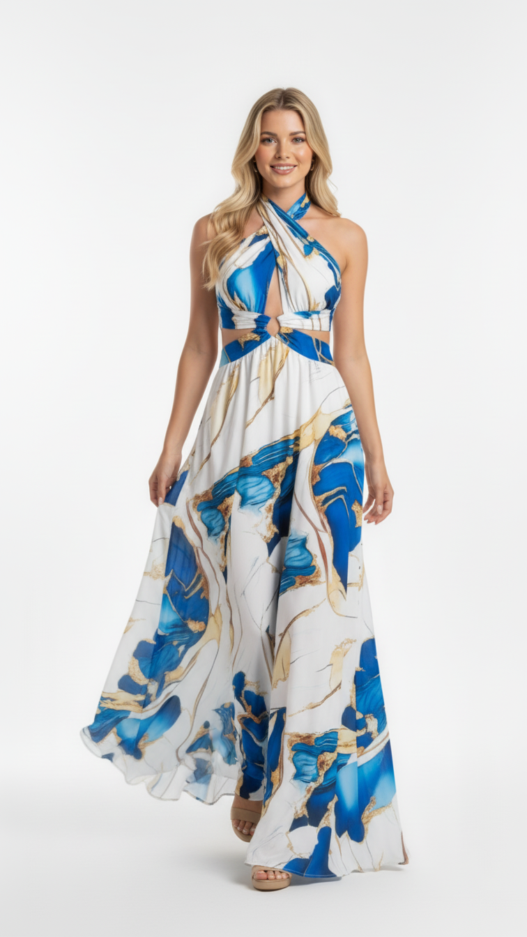 Azure™ - Vestido Largo Femenino Felina con Copas y Escote